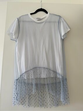 RED Valentino White Tee with Blue Polka Dot Sheer Overlay